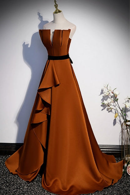 Brown Satin Strapless Elegant Ruffled Prom Dress Evening Dress