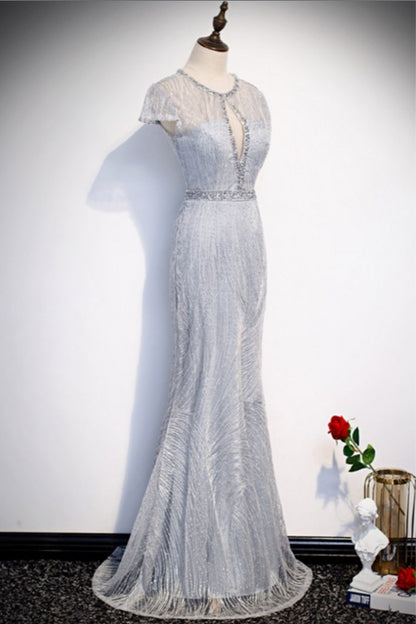 Classy Silver Sequined Mermaid Evening Dress with Keyhole Neckline