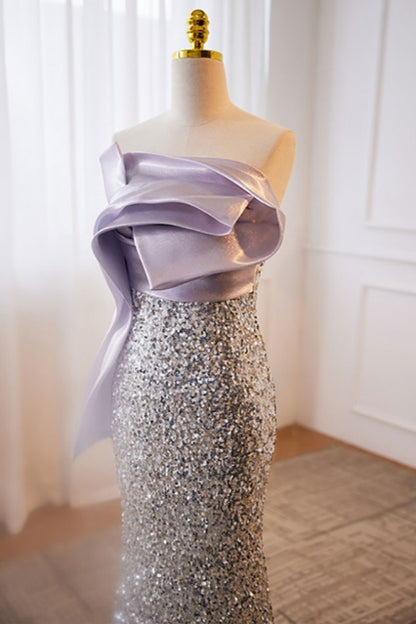 Elegant Purple And Silver Sequined Evening Prom Dress Strapless