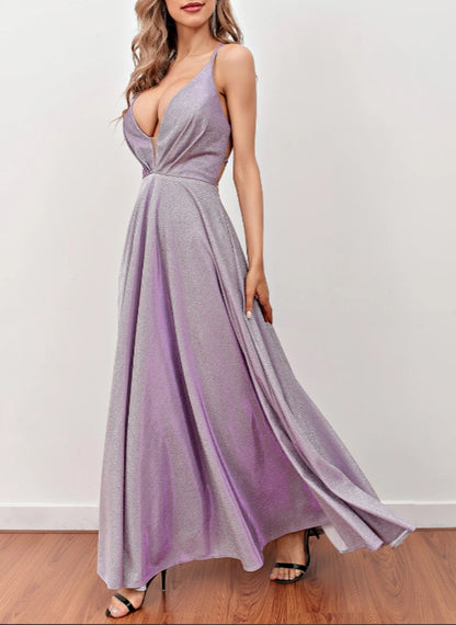 Lilac Deep V Neck Long Prom Dress with Cross Straps Evening Dress