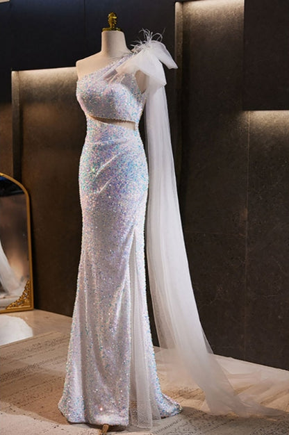 Goddess Bling Sequined Split Front Prom Dress with One Shoulder