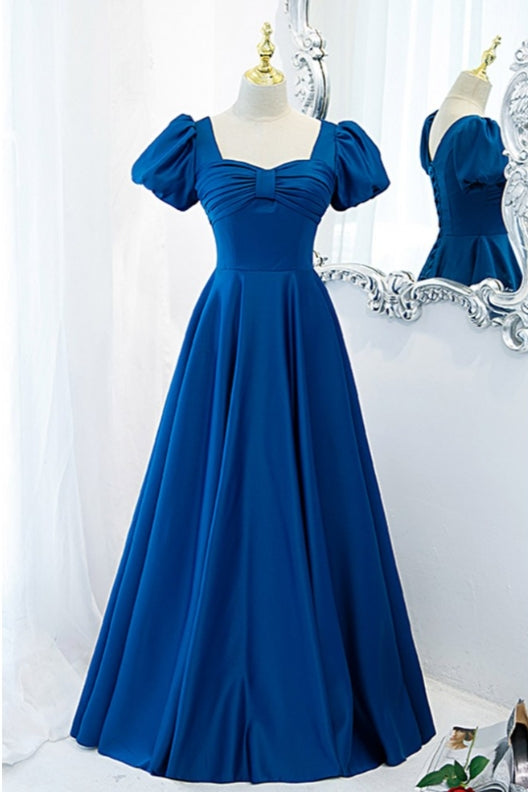 A-Line Blue Satin Retro Square Neck Prom Dress with Sleeves