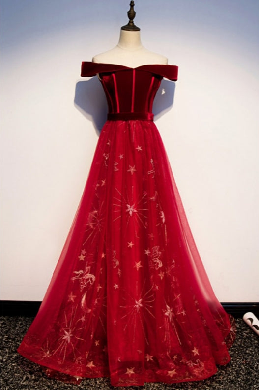 Burgundy Off Shoulder Long Prom Dress with Stars