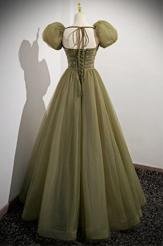 Green Tulle Long Modest Prom Dress with Removable Sleeves