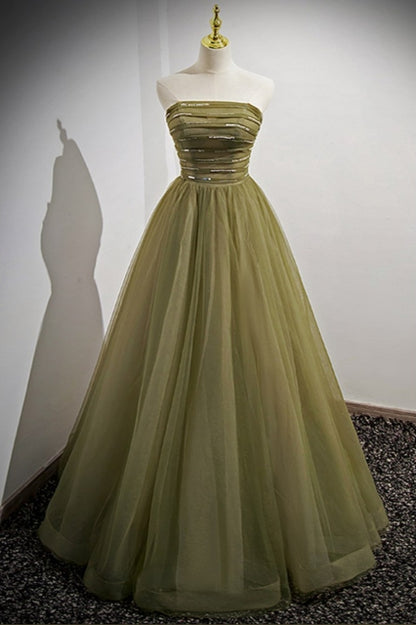 Green Tulle Long Modest Prom Dress with Removable Sleeves