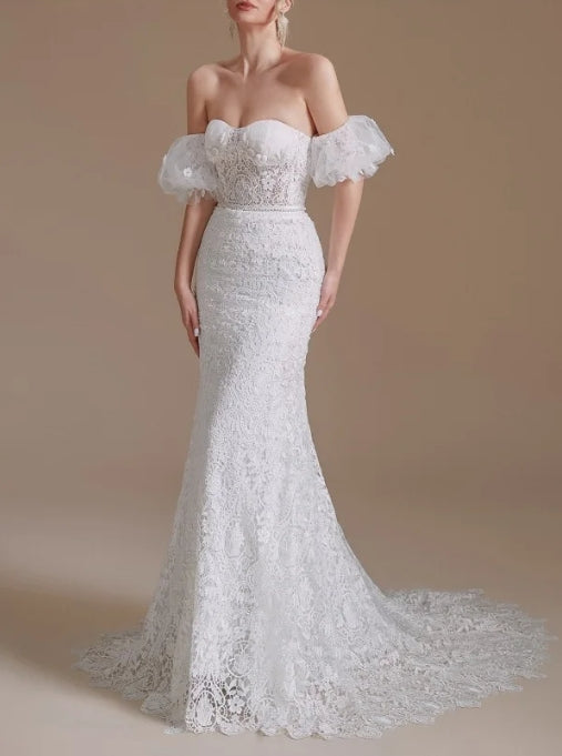 Gorgeous Lace Long Mermaid  Sweetheart Wedding Dress With Detachable Sleeves