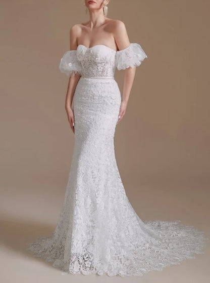 Gorgeous Lace Long Mermaid  Sweetheart Wedding Dress With Detachable Sleeves