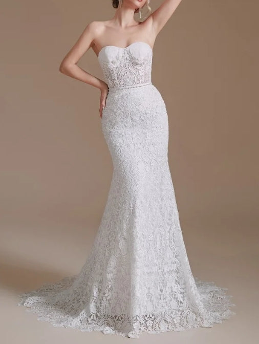 Gorgeous Lace Long Mermaid  Sweetheart Wedding Dress With Detachable Sleeves