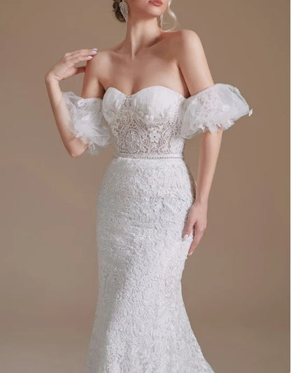 Gorgeous Lace Long Mermaid  Sweetheart Wedding Dress With Detachable Sleeves