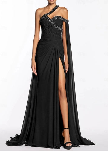 A-Line Evening Gown Elegant Floor Length Sleeveless One Shoulder Chiffon with Sequin