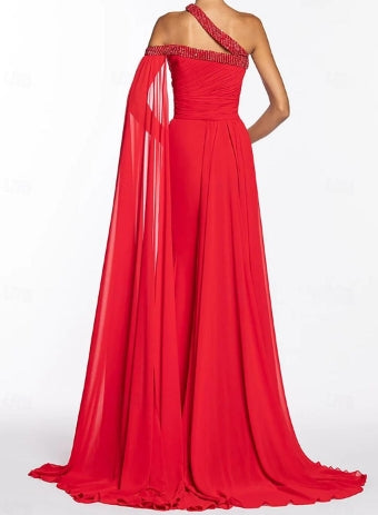 A-Line Evening Gown Elegant Floor Length Sleeveless One Shoulder Chiffon with Sequin