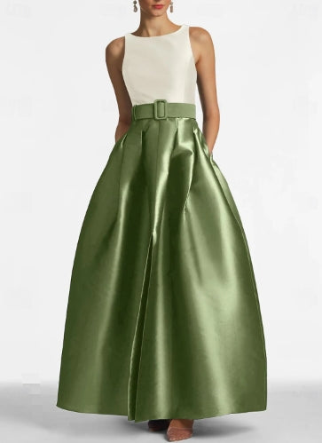 A-Line High Split Dress Floor Length Evening Gown Sleeveless Jewel Neck Belt / Sash Satin with Pleats Slit