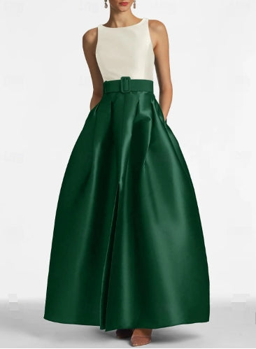 A-Line High Split Dress Floor Length Evening Gown Sleeveless Jewel Neck Belt / Sash Satin with Pleats Slit