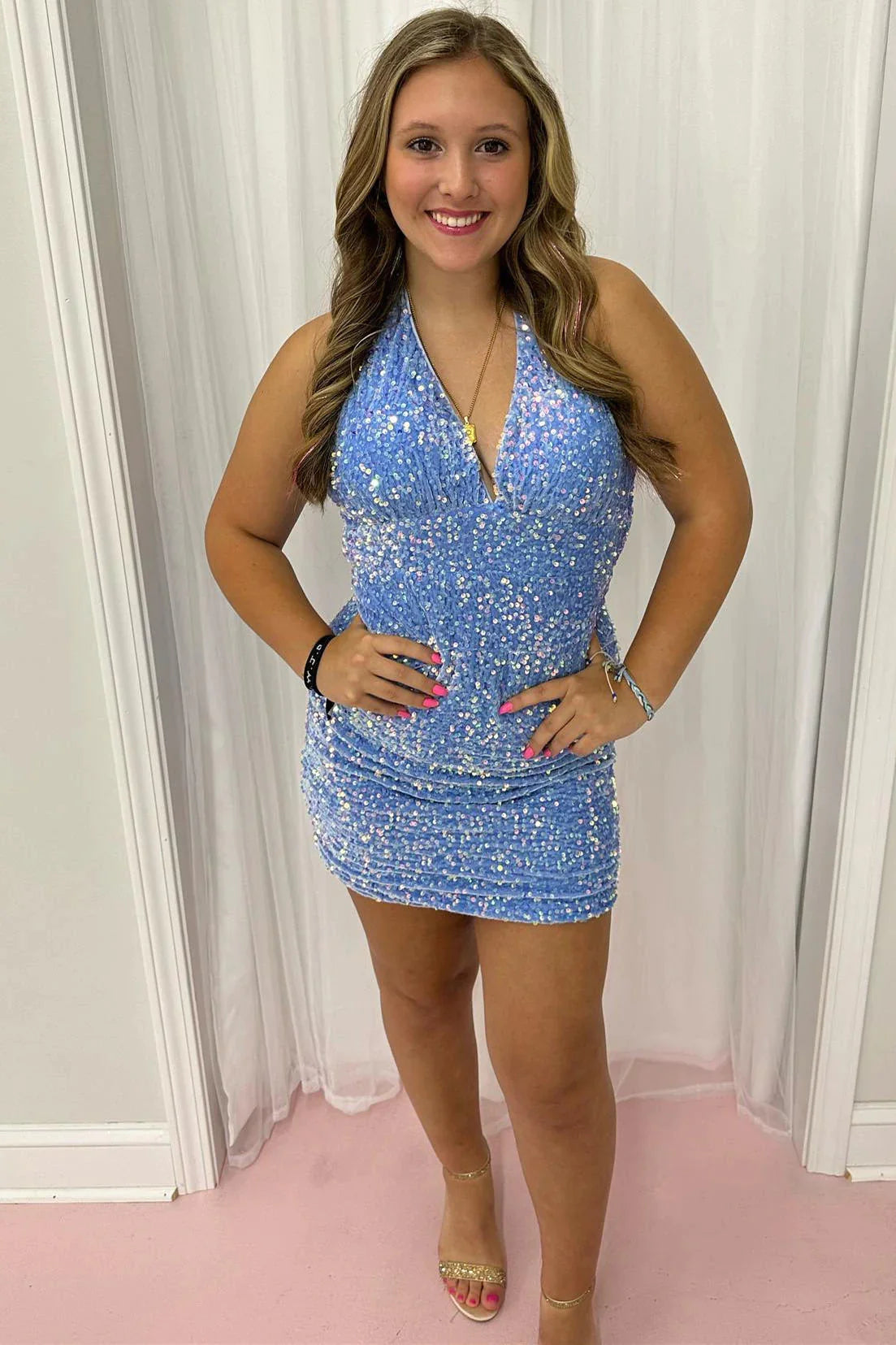 Halter Light Blue Sequin Bodycon Homecoming Dress