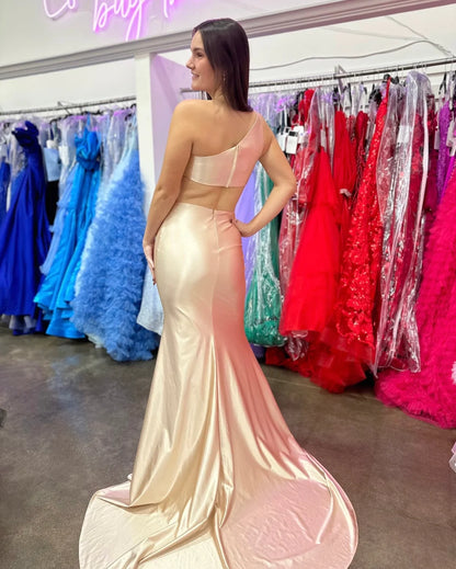 Champagne Silk Satin One Shoulder Mermaid Long Prom Dresses