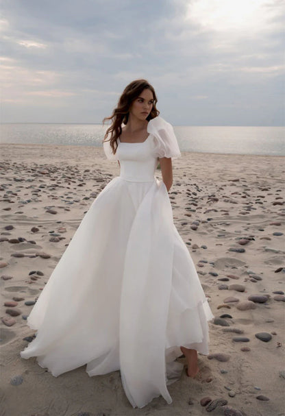 Charming A-Line Square Neck Puff Sleeves Wedding Dresses with Train