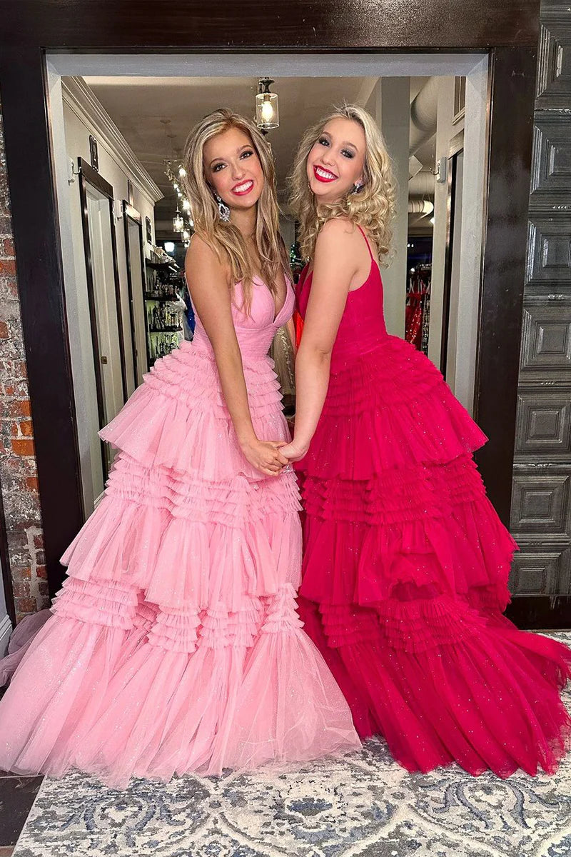 Pink V Neck Tiered Tulle Long Prom Dresses with Slit