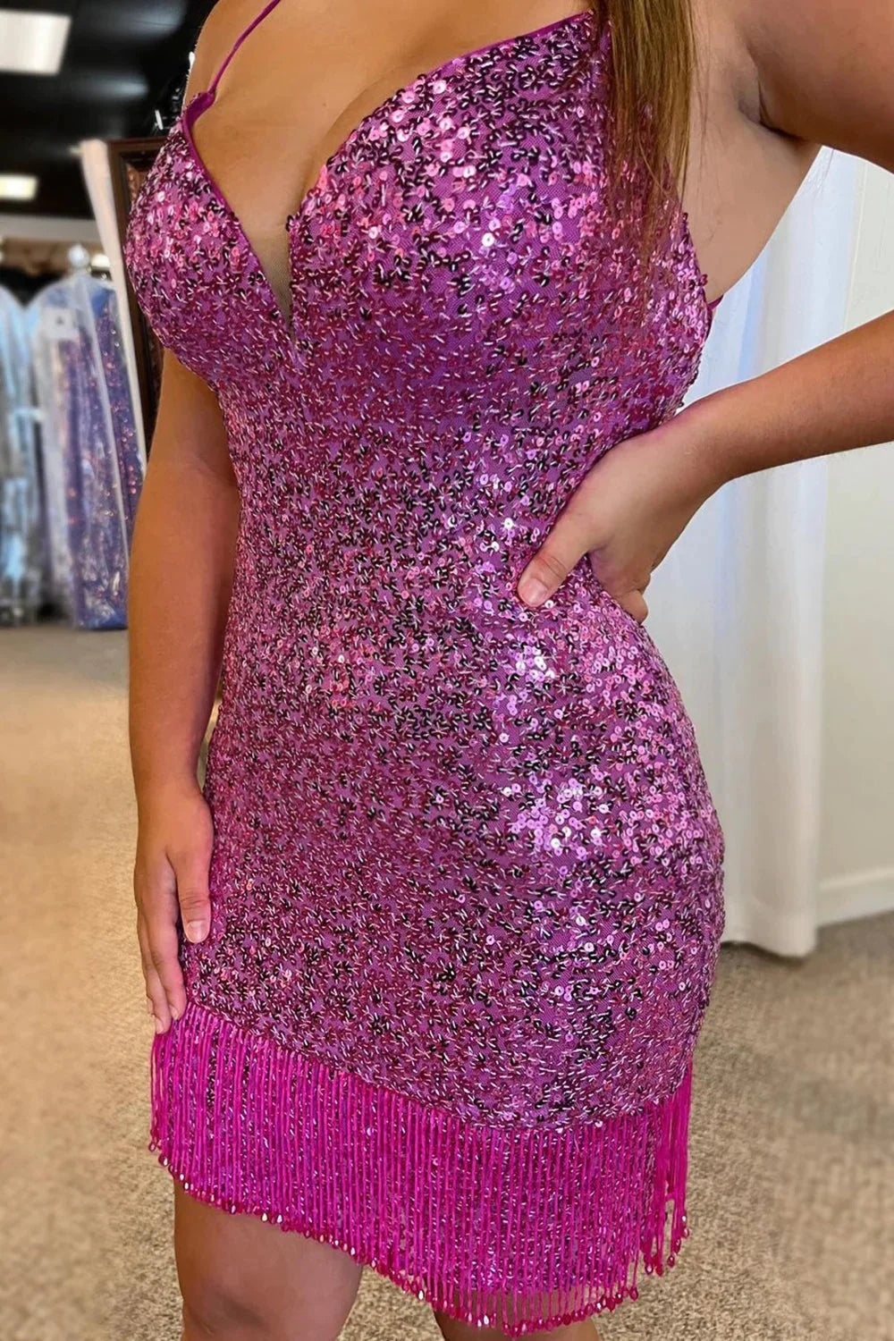 Sequins Tight Homecoming Dress with Fringes