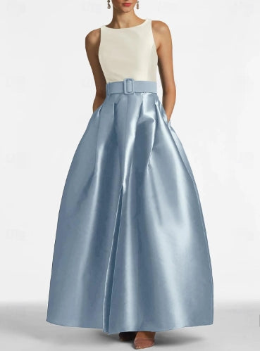 A-Line High Split Dress Floor Length Evening Gown Sleeveless Jewel Neck Belt / Sash Satin with Pleats Slit