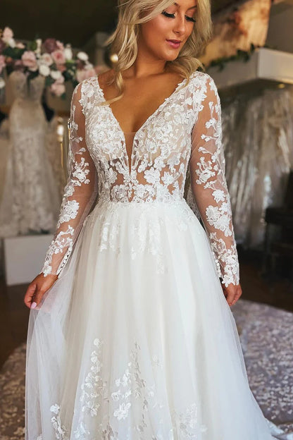 A-Line V Neck Long Sleeve Tulle Lace Wedding Dresses