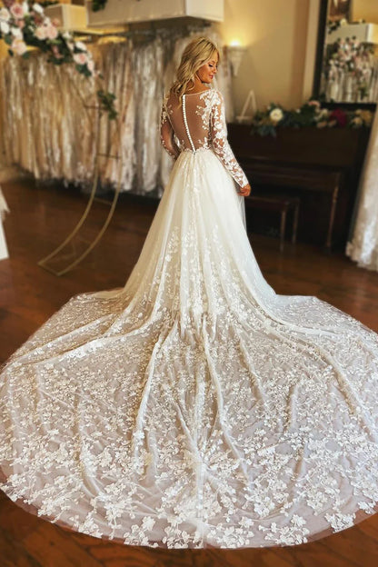 A-Line V Neck Long Sleeve Tulle Lace Wedding Dresses