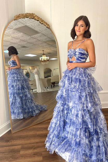 Blue Floral Printed Ruffle Tiered Long Prom Dresses