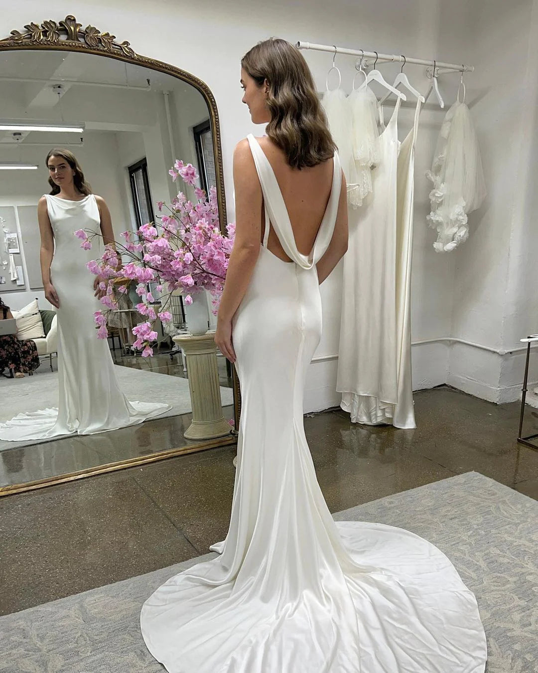 Charming Mermaid Cowl Neck Silk Satin Long Wedding Dresses