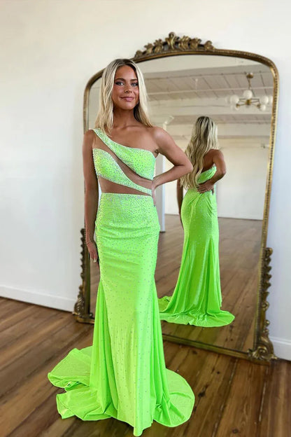 Mermaid One Shoulder Green Satin Beaded Long Prom Dresses