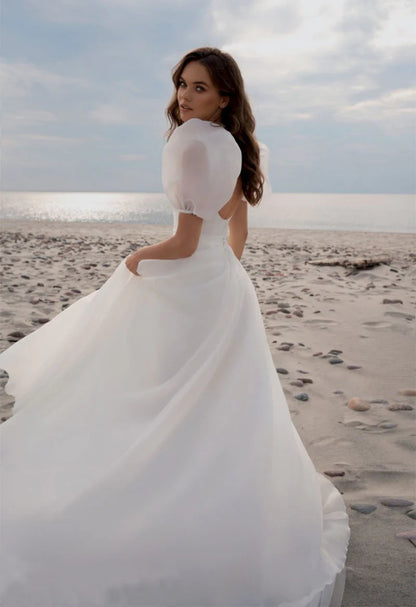 Charming A-Line Square Neck Puff Sleeves Wedding Dresses with Train