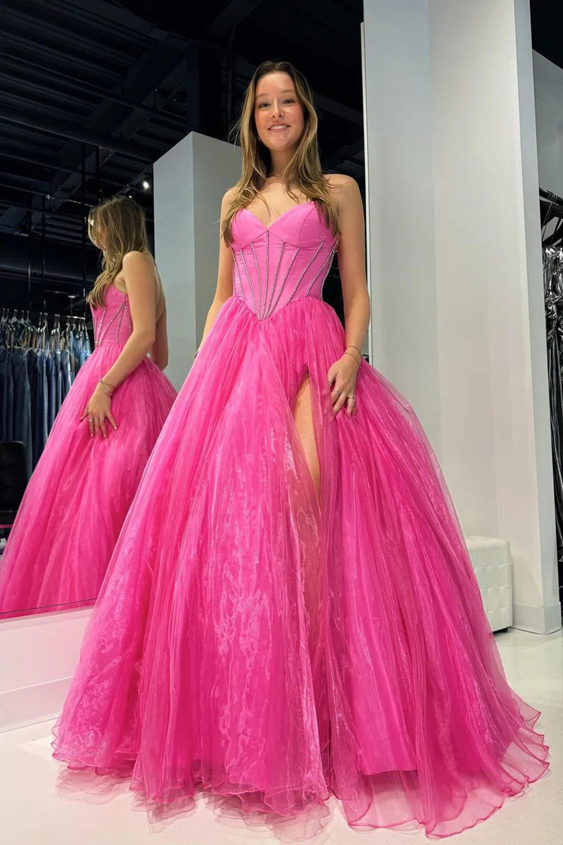 Pink Strapless Organza A-Line Long Prom Dresses with Beading