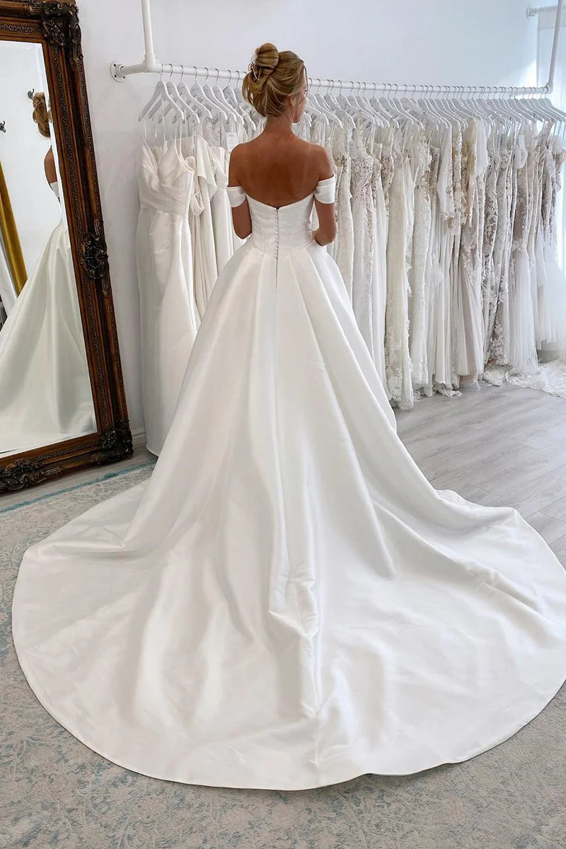 Elegant A-Line Off the Shoulder White Satin Wedding Dresses