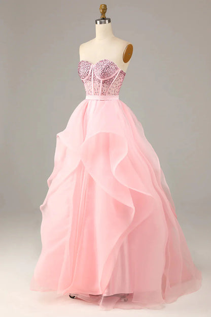 Sequins/Sparkling Pink Strapless Ball Gown Evening Dress Prom Dress