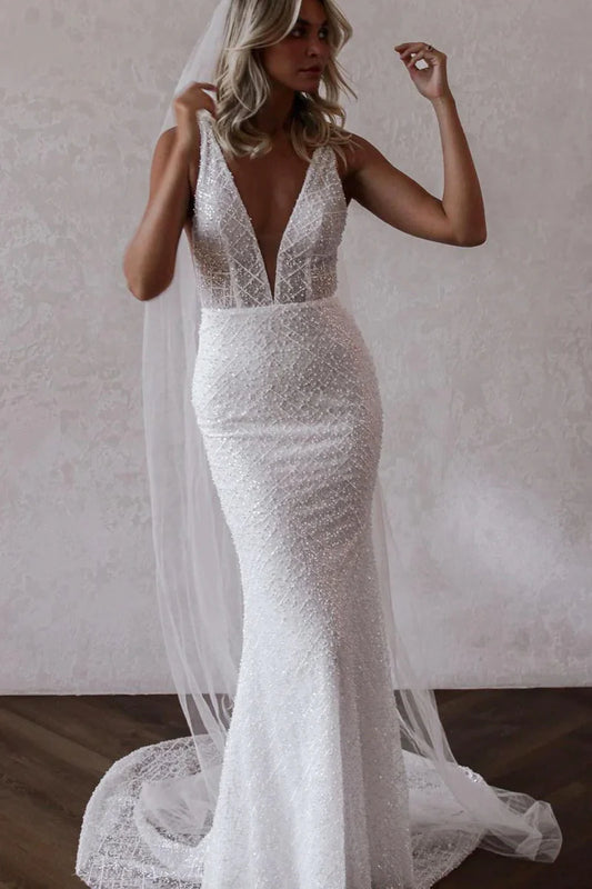 Sparkly Mermaid V Neck Sequins Lace Long Wedding Dresses