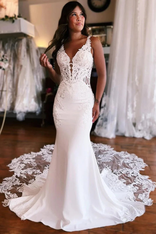 Mermaid V Neck Satin Wedding Dresses with Appliques