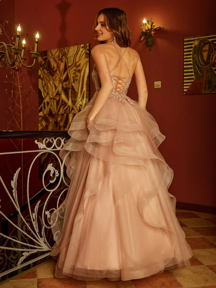 QIAIWAN Dress V-neck applique sequin chiffon ball gown