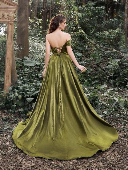 Gorgeous wrinkled tight off shoulder slit satin ballroom dress