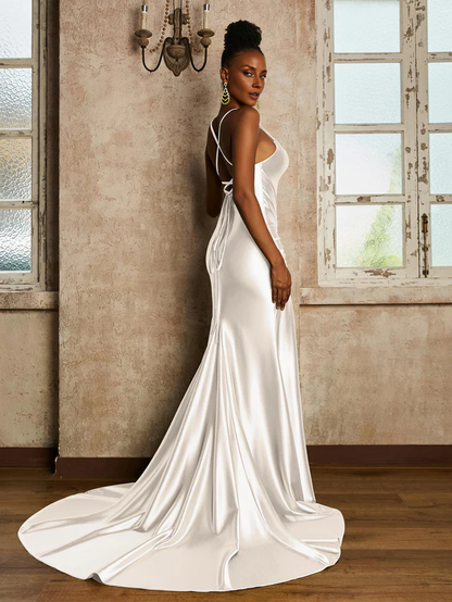 Waist pleated mermaid stretch satin Prom Dresses QIAIWAN Dress