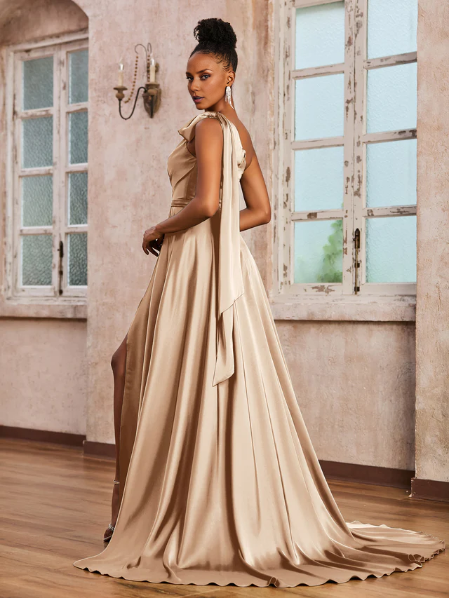 Single shoulder pleated dress Prom Dresses QIAIWAN Dress