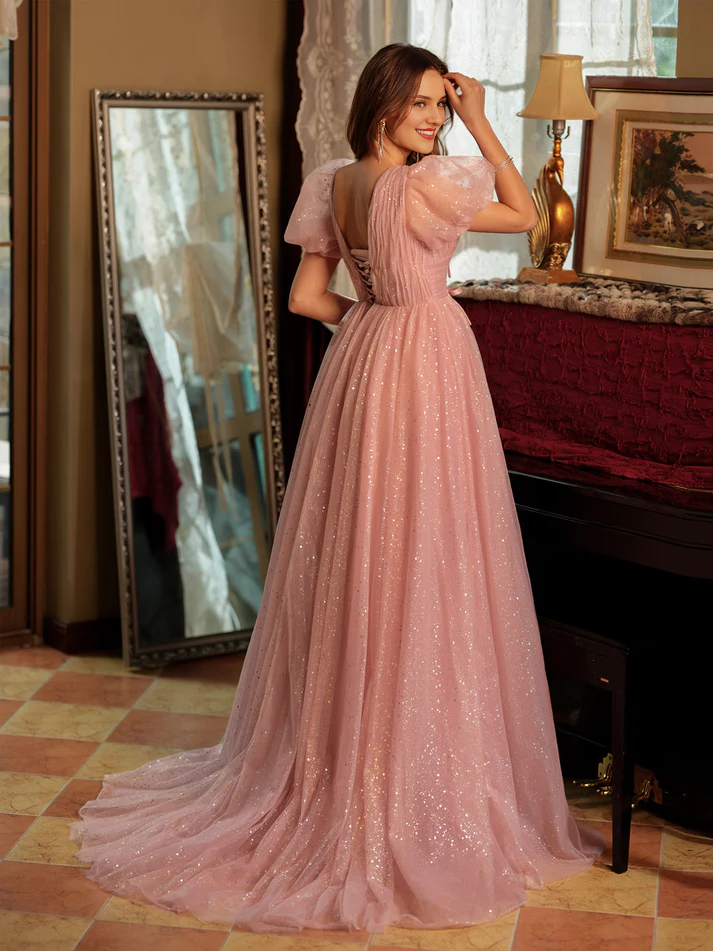 QIAIWAN Dress Elegant Chiffon V-neck Split Ball Dress