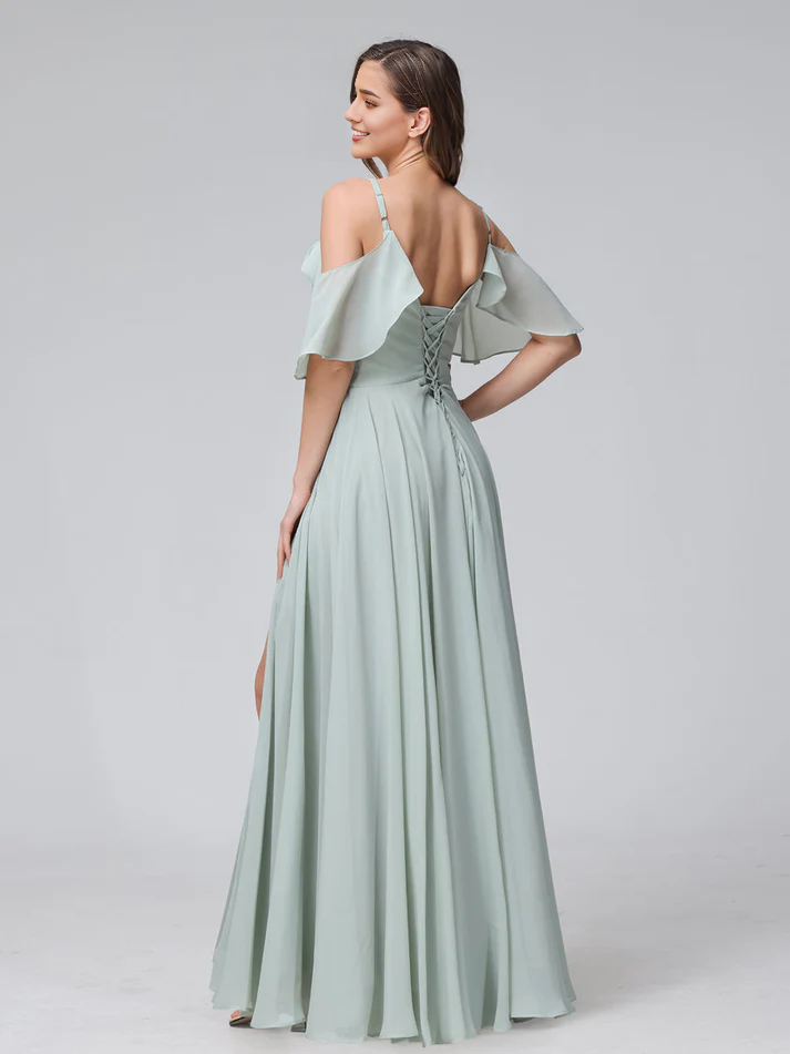 QIAIWAN Dress Chiffon V-neck A-line Split Bridesmaid Dress