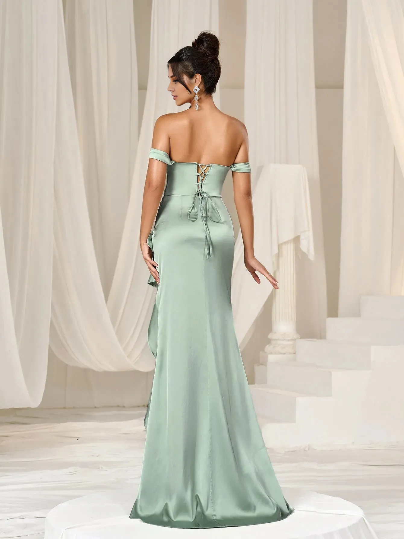 elegant off shoulder sleeveless backless ruffled ball gown