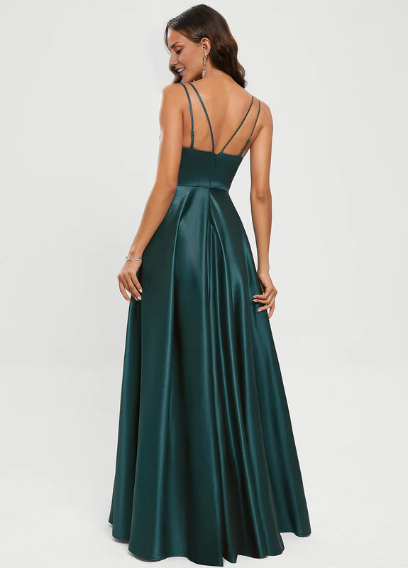 QIAIWAN Elegant Thin Shoulder Strap A-line V-neck Satin Ball Dress