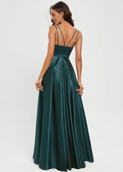 QIAIWAN Elegant Thin Shoulder Strap A-line V-neck Satin Ball Dress