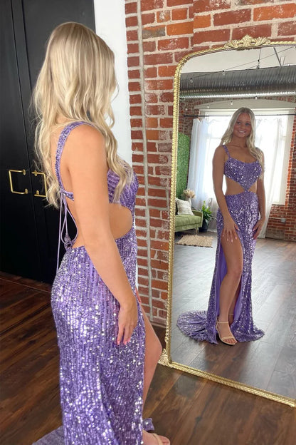 Purple Scoop Neck Sequins Mermaid Long Prom Dresses with Slit