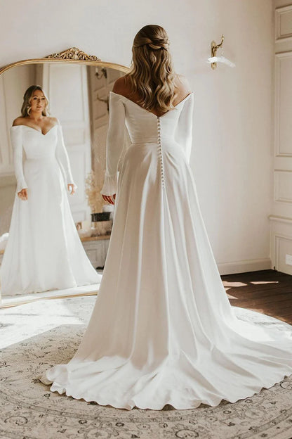 Simple A-Line Off the Shoulder Long Sleeves White Satin Wedding Dresses