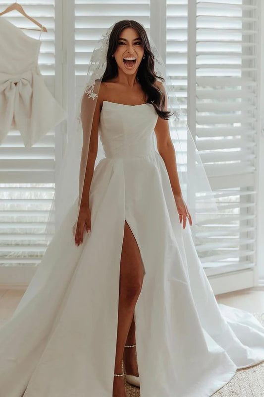 A-Line White Satin Strapless Wedding Dresses with Slit