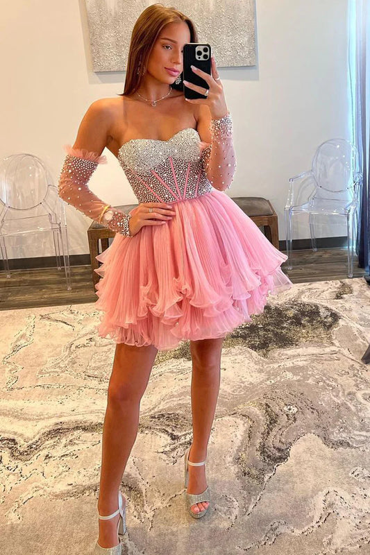 Stunning A-Line Sweetheart Pink Beaded Homecoming Dresses with Sleeves