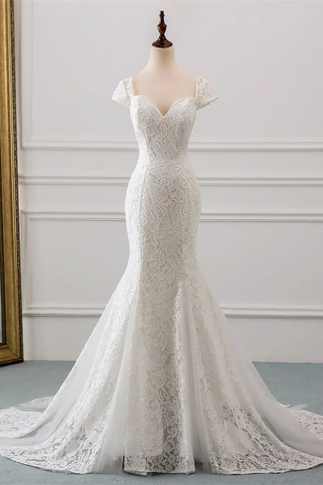 Sweetheart Lace Long Mermaid Wedding Gown Cap Sleeves