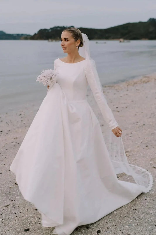 Vintage A-Line Long Sleeves White Satin Beach Wedding Dresses