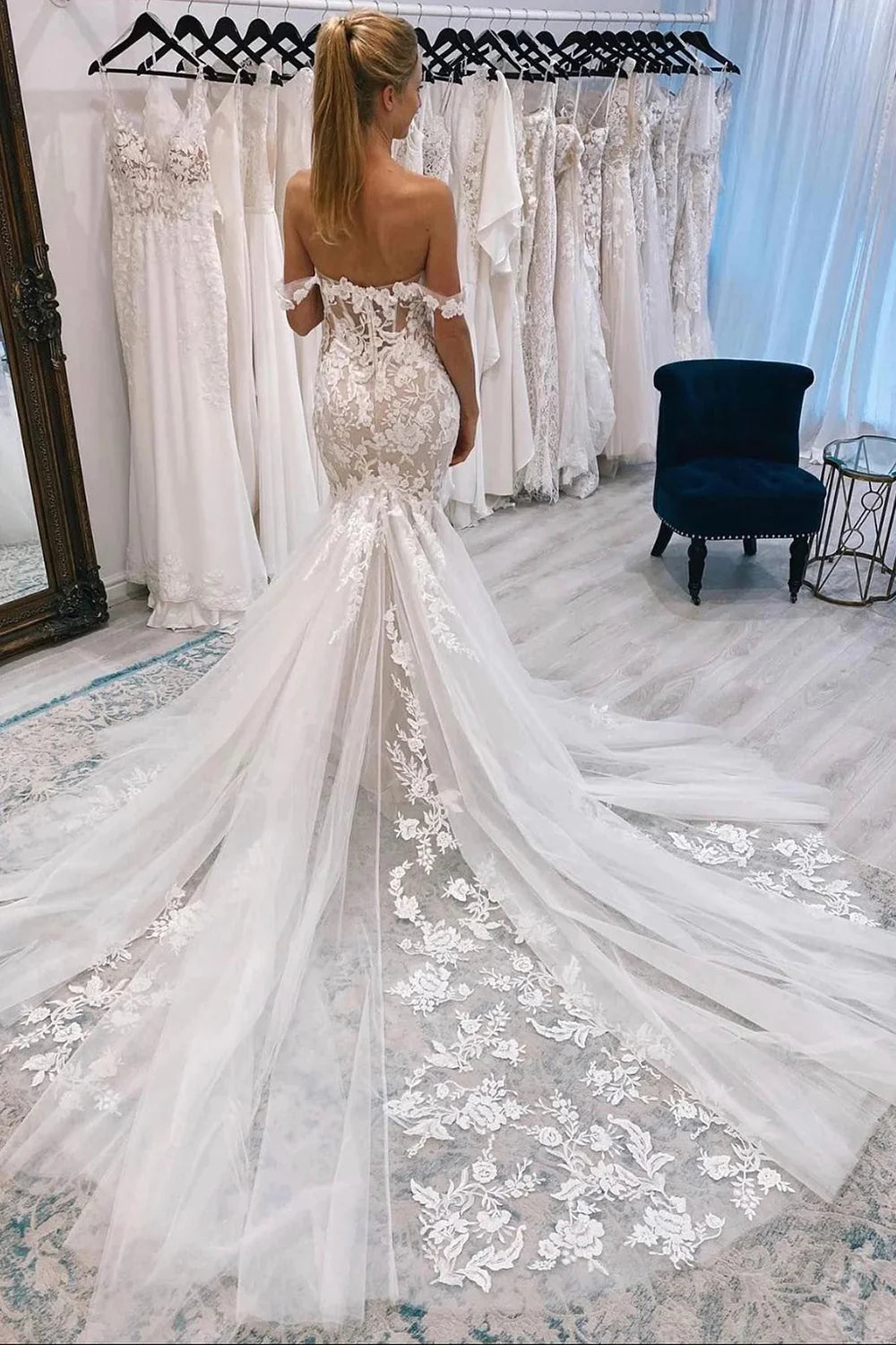 Ivory Off the Shoulder Long Lace Mermaid Wedding Dress